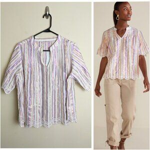 NWT Soft Surroundings size petite large  cream ciel metallic stripe eyelet top